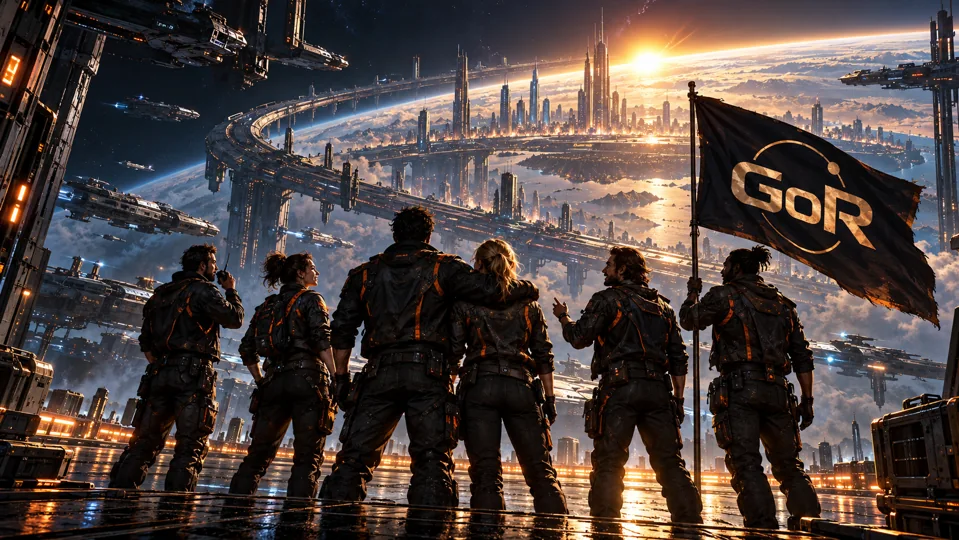 GoR-Crew mit gemeinsamem Banner vor einer Orbitalstadt